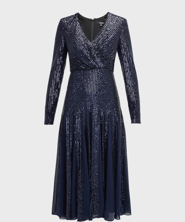 Badgley Mischka Long-Sleeve Sequin Godet Midi Dress In Navy Size 4